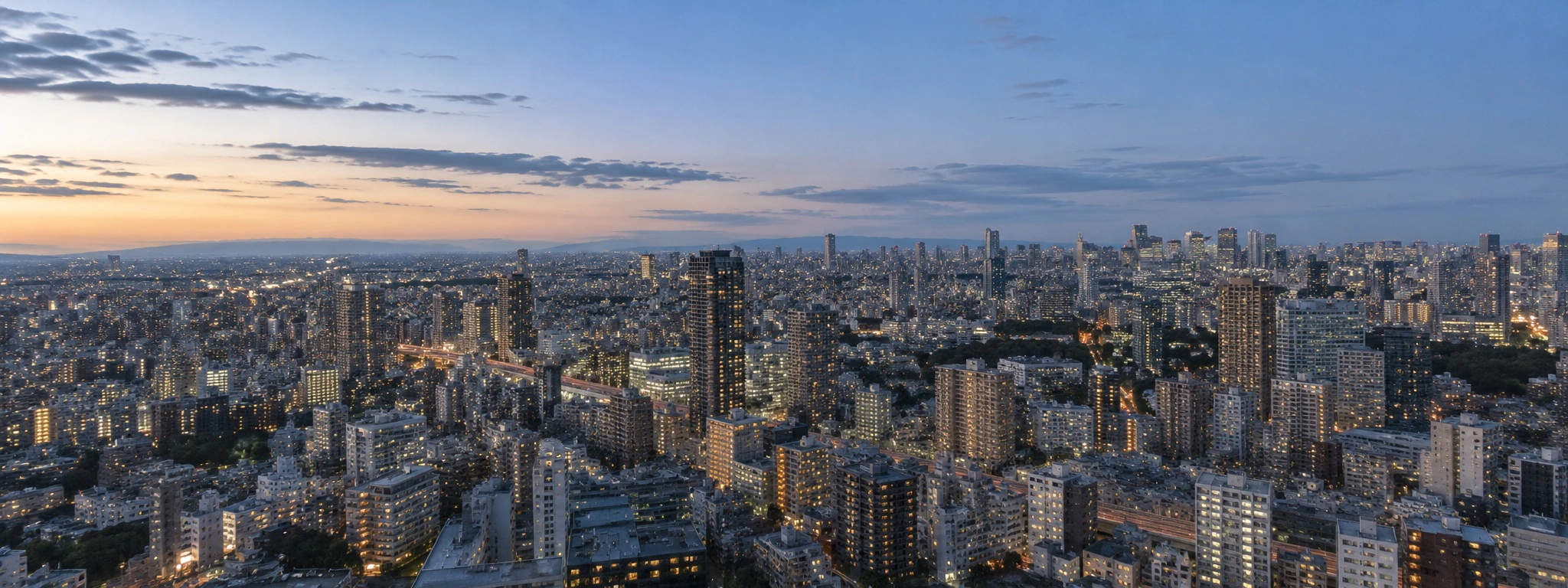 ブルーアワーの都市にともる住まいと建物の灯り